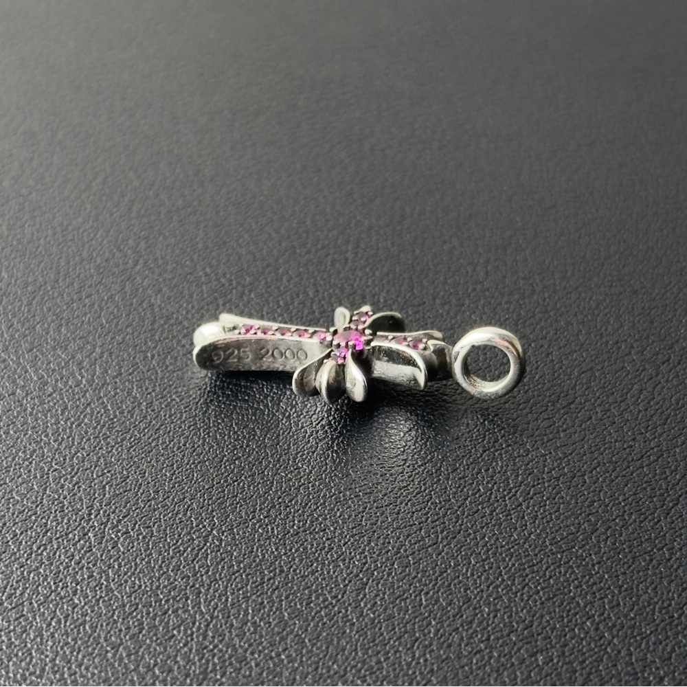 Chrome Hearts Silver Tiny Fat Cross Ruby Pave Pen… - image 5